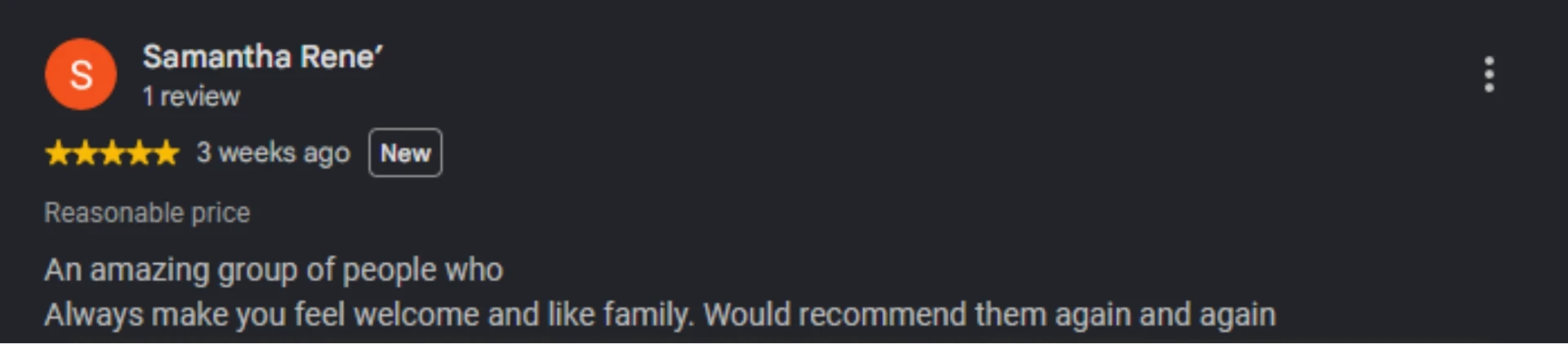 Five-star Google review from Samantha Rene